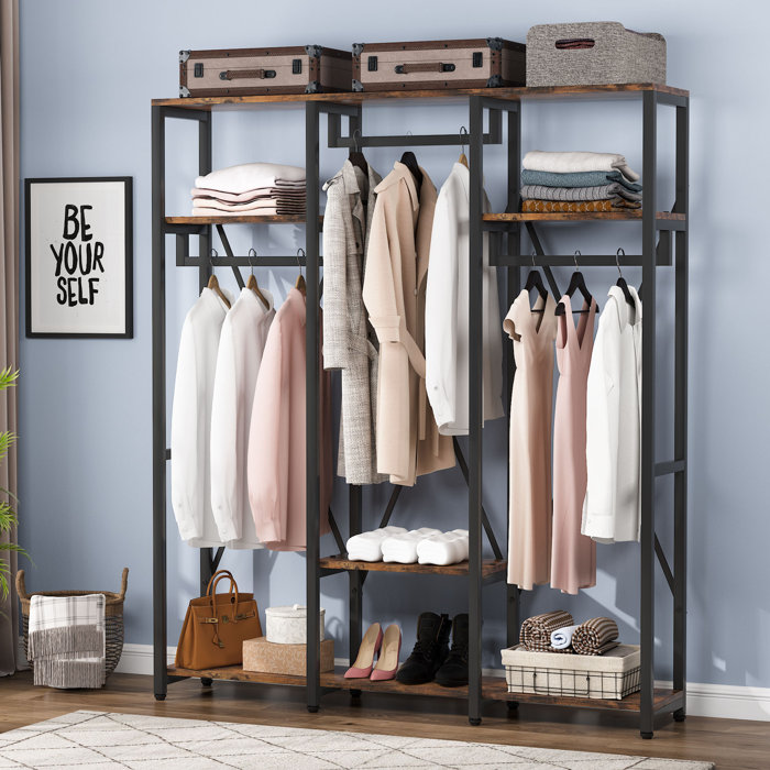 17 Stories Freestanding Closet Organizer Systems With Shelves, Open Wardrobe Closet For Hanging ...